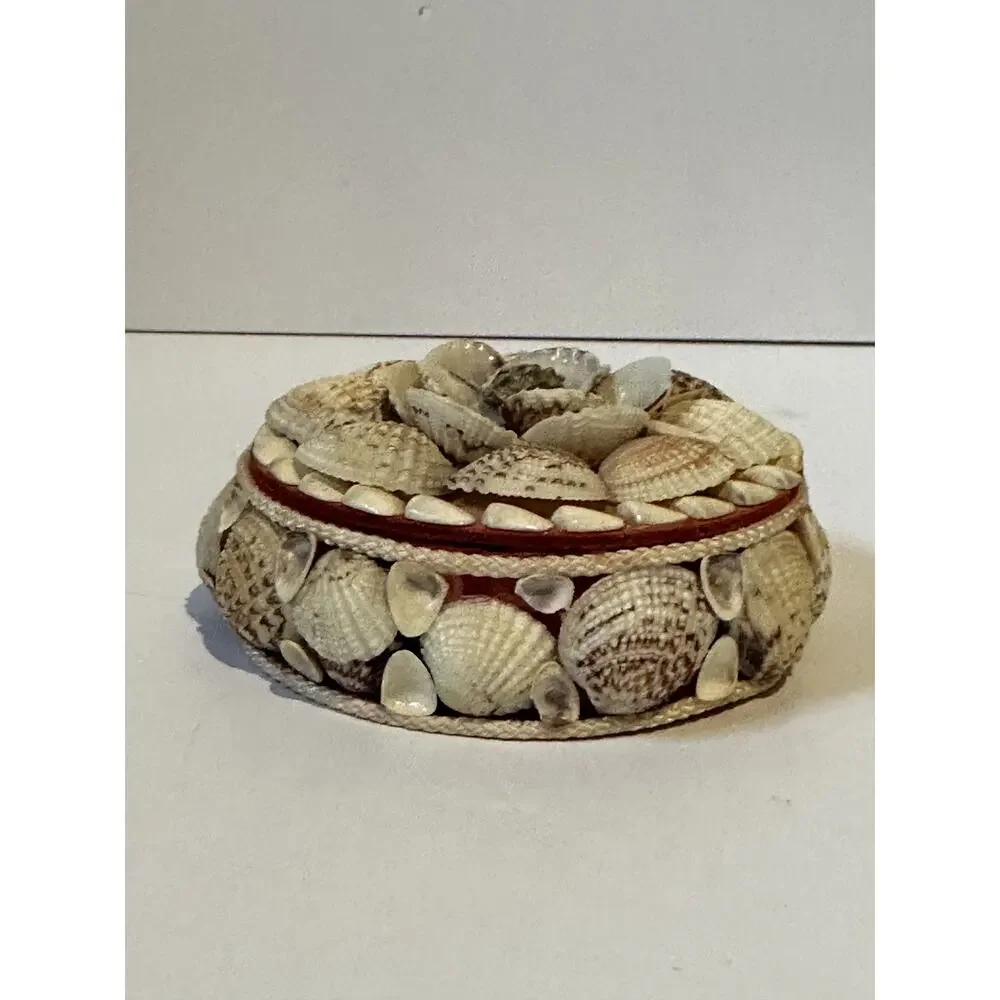 Vintage Seashell Round Trinket Box Red Lined Boho Beach Decore Small Flaws